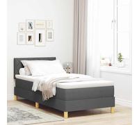 Teenpull Dark Gray Box Spring Bed with Pillow, 90 x 190 cm Fabric Upholstered Bed Base with Adjustable Headboard, Slatted Frame and Pocket Spring Mattress for Bedroom Comfort