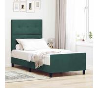 Teenpull Dark Green Box Spring Bed, 100 x 200 cm Velvet Headboard, Pine Wood Frame, Adjustable 2-Height Design, Bedroom Support for One Person, Indoor Use and Easy Assembly Comfort