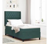 Teenpull Dark Green Box Spring Bed, 100 x 200 cm Velvet Upholstered Bed Frame with Mattress, Adjustable Headboard, Slatted Base, Wood Structure for Bedroom Rest and Space Saving Comfort