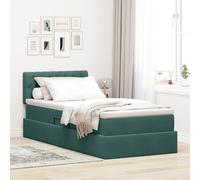 Teenpull Dark Green Velvet Storage Bed with Mattress 90 x 190 cm LED Lift Up Bed Frame, Adjustable Headboard, Under Bed Storage, Medium Firm Pocket Spring Mattress for Bedroom Comfort