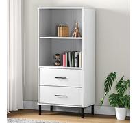 Teenpull Estantería Oslo blanca 60 x 35 x 128,5 cm, madera maciza de pino, 2 cajones, compartimentos abiertos, patas metálicas, almacenamiento versátil para salón