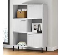 Teenpull Estantería Oslo blanca 90 x 35 x 128,5 cm, madera maciza de pino, 6 compartimentos, patas de metal, espacio para libros y decoración, estantería robusta para salón, dormitorio y oficina