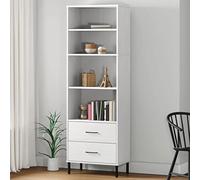 Teenpull Estantería Oslo, blanco, 60 x 35 x 180 cm, madera maciza de pino, 4 compartimentos, 2 cajones, patas de metal, estantería de pie para salón, estudio
