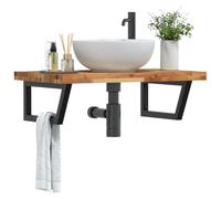 Teenpull Estantería para lavabo de pared de acero y madera de acacia maciza, 60 x 50 x 4 cm, con soportes trapezoidales, ahorra espacio y es resistente para el cuarto de baño y el orden en el baño de