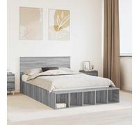 Teenpull Gray Sonoma Bed Frame with Storage Shelf, 140 x 200 cm Engineered Wood Platform Base, headboard, 5 Cube Shelves, Adjustable Height, Interior Bedroom Space Saving Support