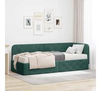 Teenpull Green Corner Bed Frame upholstered in Dark Green Polyester, 80 x 200 cm, Reversible headboard, Fixed slats, Space Saving L Shape for Bedroom, Sofa Bed Use, Indoor Assembly