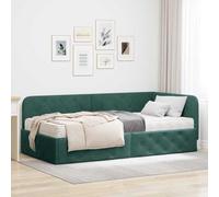 Teenpull Green Dark Corner Bed Frame, 90 x 200 cm upholstered Platform with Reversible headboard, Plywood Slat Support for Bedroom, Sofa Bed Use, Space Saving Corner Design, Indoor Sleep Comfort