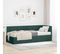 Teenpull Green Velvet Corner Bed Frame with Mattress, Wood Structure and Padded Headboard, 204 x 84 x 72 cm, 80 x 200 cm, Indoor Bedroom Space Saving Support
