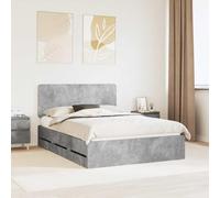 Teenpull Grey Concrete Bed Frame 140 x 190 cm Engineered Wood Bed Base with Headboard and 6 Hidden Drawers, Slat Support, Easy Assembly, Indoor Bedroom Storage for Adult and Guest Use