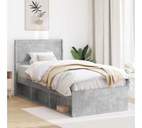 Teenpull Grey Concrete Storage Bed Frame with Headboard, Wooden Slat Platform, for 90 x 200 cm Mattress, Bedroom Use, Space Saving Interior Design, Easy Assembly