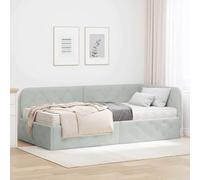 Teenpull Grey Corner Bed Frame, 90 x 190 cm, Velvet upholstered, Reversible headboard, slatted Support, Space Saving L Shape for Bedroom, Sofa Bed Style Indoor Use with Mattress and Easy Assembly