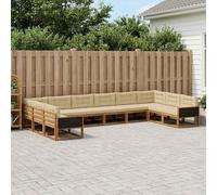 Teenpull Juego de 10 sofás de exterior con cojines de madera de acacia maciza beige natural, conjunto de asientos con marco de lamas, reposabrazos, para jardín, terraza, salón, moderno juego de