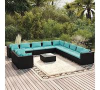 Teenpull Juego de 12 muebles de jardín de ratán negro, con cojines de color azul agua, sofá modular para terraza, balcón, para relajación y ocio