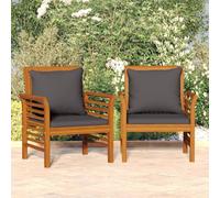 Teenpull Juego de 2 sillones de jardín, madera maciza de acacia barnizada, cojines gris oscuro, 64 x 60 x 81 cm, sillas resistentes para exteriores, para jardín, terraza, balcón, asiento duradero