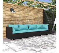 Teenpull Juego de 4 muebles modulares de jardín de ratán negro con cojines azul agua, para terraza, balcón, jardín