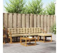 Teenpull Juego de 6 muebles de exterior de madera maciza de acacia con cojines beige, resistentes a la intemperie y fáciles de limpiar, incluye mesa, taburete, grupo de asientos para jardín y terraza
