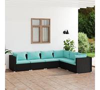 Teenpull Juego de 6 sillas de jardín de ratán negro, con cojines azul agua, diseño modular para jardín, balcón, terraza, cómodo sofá de ocio