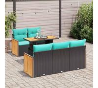 Teenpull Juego de 6 sofás de jardín de polirratán con acacia y cojines negros, resistentes a la intemperie y fáciles de limpiar, modulares para terraza, balcón, porche, salón al aire libre, conjunto