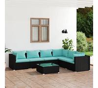 Teenpull Juego de 7 muebles de jardín de ratán negro con cojines azul agua, sofá modular para exteriores, para terraza, balcón, zona de piscina