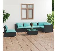 Teenpull Juego de 7 muebles de jardín de ratán negro y azul agua, cojines modulares para exteriores, muebles para terraza, balcón y jardín