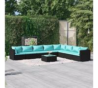 Teenpull Juego de 9 muebles de jardín de ratán negro con cojines azul agua, modular, muebles de exterior robustos para terraza, balcón y jardín
