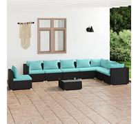 Teenpull Juego de 9 muebles de jardín modular de ratán negro con cojines y mesa de café azul agua para terraza, balcón y piscina