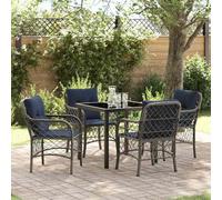 Teenpull Juego de comedor de jardín de 5 piezas con cojín gris y negro de ratán, resistente a la intemperie, para terraza, balcón, exterior, juego de jardín con placa de cristal y marco de acero para