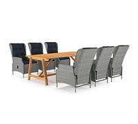 Teenpull Juego de comedor de jardín de 7 piezas, color gris claro, mesa de comedor de madera de acacia y 6 sillas ajustables de ratán sintético con tapicería, juego de muebles de exterior resistente