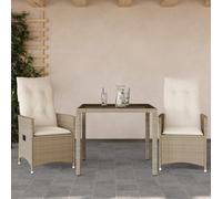 Teenpull Juego de jardín 3 Piezas ratán sintético Beige con 2 sillas reclinables y Mesa Vidrio Templado para terraza Patio balcón con Cojines desenfundables y Resistentes al Sol