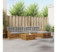 Teenpull Juego de muebles de exterior de madera maciza de acacia con cojín, 6 piezas, color gris claro, natural, para terraza, jardín, salón y horas de convivencia