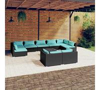 Teenpull Juego de muebles de jardín de 10 piezas, color negro de poliratán con cojines azul agua, sofá modular para terraza, balcón, piscina y jardín