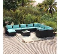 Teenpull Juego de muebles de jardín de 11 piezas, polirratán negro, con cojines azul agua, muebles modulares para exteriores para relax y comodidad