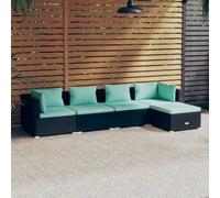 Teenpull Juego de muebles de jardín de 5 piezas, moderno sofá de ratán para terraza y balcón, resistente a la intemperie, color negro con azul agua, cómodos cojines para exteriores