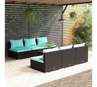 Teenpull Juego de muebles de jardín de 7 piezas, de polirratán negro con cojines de color azul mar, modular, resistente al agua, para terraza y balcón, juego de muebles de exterior