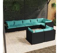 Teenpull Juego de muebles de jardín de 8 piezas, ratán sintético negro con cojines azul agua, muebles modulares para exteriores, para terraza, balcón y jardín, robusto juego de sofá de ocio