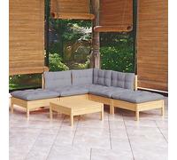 Teenpull Juego de Muebles de jardín de Madera Maciza de Pino Gris con Cojines, Conjunto Exterior 6 Piezas para terraza, Patio y balcón, sofá rinconera Modular con Mesa y reposapiés para Descanso y