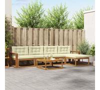 Teenpull Juego de muebles para exteriores con cojín, 6 piezas, madera maciza de acacia en crema natural, con taburetes y reposabrazos, resistente a la intemperie, para jardín, salón y terraza