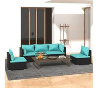Teenpull Juego de salón de jardín de 5 piezas, color negro, resistente ratán sintético con cojines azul agua, diseño modular para balcón, terraza y jardín, cómodo grupo de asientos al aire libre para