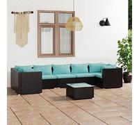 Teenpull Juego de salón de jardín de polirratán negro, cojines azul agua, sofá modular para exteriores con mesa de café, muebles de terraza cómodos para balcón y jardín