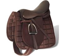 Teenpull Juego de sillines para montar a caballo, 16 pulgadas, piel auténtica, marrón, ancho de cámara de 14 cm, 5 en 1, con sillín, cubierta de sillín, estribo, correa para ocio, torneo y senderismo