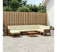 Teenpull Juego de sofá de 9 piezas con cojines de madera maciza de acacia natural y crema, conjunto de asientos con mesa, reposapiés, reposabrazos, diseño moderno para jardín, terraza y zona de