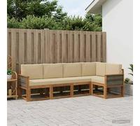 Teenpull Juego de sofá de exterior con cojín de 5 piezas de poliéster natural con madera de acacia, juego de jardín para terraza y jardín, salón comedor, comodidad y resistencia a la intemperie
