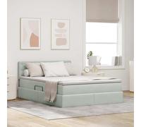 Teenpull Light Gray LED Storage Bed Frame with Mattress, Upholstered Velvet Platform Bed, Gas Lift Storage, Adjustable Headboard, 140 x 200 cm, USB Lights, 2 Person Support