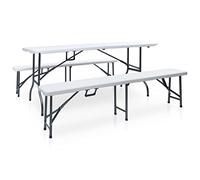 Teenpull Mesa de jardín plegable con 2 bancos, acero de 180 cm y HDPE blanco, resistente a la intemperie, con asas para picnic, fiesta, camping