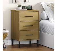 Teenpull Mesa de noche Oslo marrón, madera de pino maciza, 40 x 35 x 64,5 cm, con 3 cajones, patas de metal, mesa auxiliar para dormitorio, sala de estar, diseño industrial