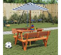 Teenpull Mesa de picnic para niños con paraguas, juego de mesa y banco para exteriores de madera maciza para 4 niños, patio y asiento de jardín, 90 x 108 x 54 cm, marrón, azul y blanco