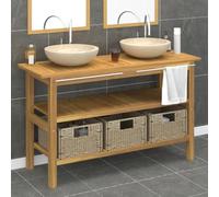 Teenpull Mueble bajo lavabo de madera maciza de teca, 132 x 45 x 75 cm, con 2 cuencas de mármol crema, 3 cestas de algas marinas, toallero, para baño, inodoro de invitados