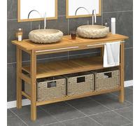 Teenpull Mueble bajo lavabo de madera maciza de teca, 132 x 45 x 75 cm, con 2 cuencas de mármol crema, 3 cestas de hierba marina, juego de muebles de baño para baño, toallero