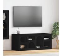 Teenpull Mueble de TV de madera negro 100 x 35 x 40 cm con 7 estantes, tablero de medios bajo para sala de estar y cine en casa, espacio para consola de juegos y receptor, aparador versátil y cómoda