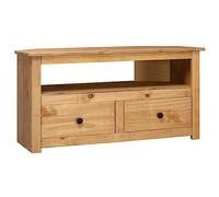 Teenpull Mueble esquinero para TV de 93 x 49 x 49 cm, madera maciza de pino Panamá, con 2 cajones y compartimento abierto, soporte para TV robusto para salón, dormitorio